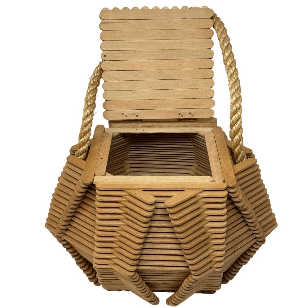 Popsicle Stick‎ Tramp Art Box Bag Novelty Wood Purse Handmade Basket Storage - Picture 3 of 9